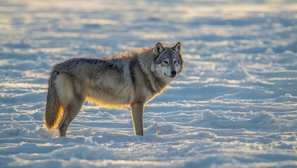 Obraz premium Gray Wolf (Canis lupus) illuminated by morning sunlight, poised in winter snow, showcasing its natural habitat