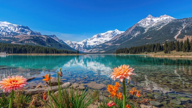 Clear lake with flowers, showcasing natural beauty, seasonal change