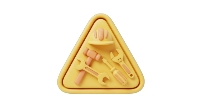 Yellow Construction Sign with Tools and Hard Hat 3D Render.