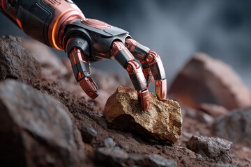 Robotic arm collecting silver ore mining site 3d animation metallic terrain close-up view futuristic concept