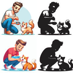 Set of vectors and images of cute male and cat shilhouttes on a white background