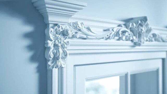 Intricate white stucco molding on a window frame, showing elegant details. Classic interior design with ornate cornices and plasterwork