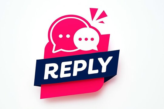 Modern graphic design featuring a vibrant pink banner with the word reply and speech bubble icons symbolizing communication and feedback