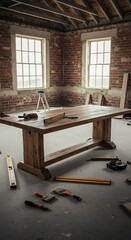 Rustic Farmhouse Table Under Construction in Old Brick Room.