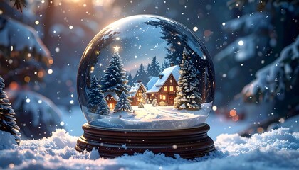 Snow globe featuring snow-covered houses, trees, and twinkling lights, set amidst a snowy forest backdrop