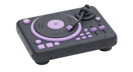 Stylized Gray and Purple Toy Turntable with Buttons and Sliders.