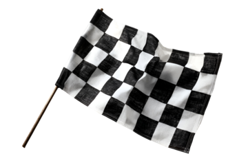 Waving checkered flag with black and white squares isolated on transparent background