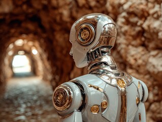 Futuristic ai robot working inside silver mine tunnel industrial setting high-tech environment close-up view