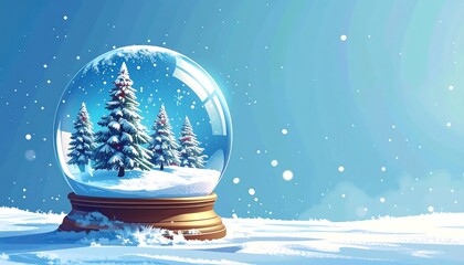 Snow globe with fir trees inside, rests on snow against a light blue background