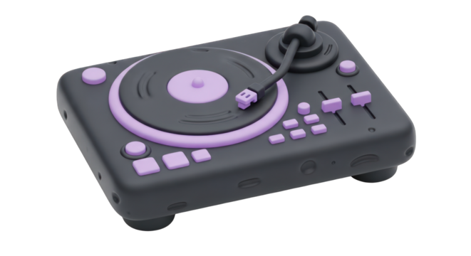 Stylized Gray and Purple Toy Turntable with Buttons and Sliders.