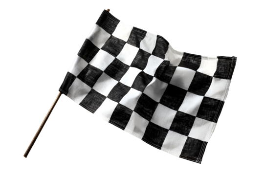 Waving checkered flag with black and white squares isolated on transparent background