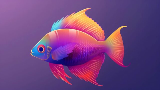 Vibrantly colored cartoon fish graphic with dynamic tail and fins on a purple background.