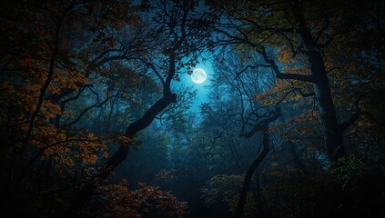 Fototapeta premium Enchanting luminescent forest under the moonlight, seasonal change
