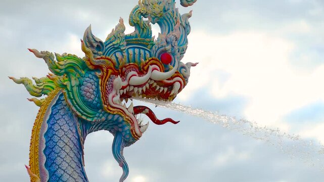 Naga statue spraying water at a Thai temple, showcasing intricate traditional Thai art and sacred Southeast Asian culture