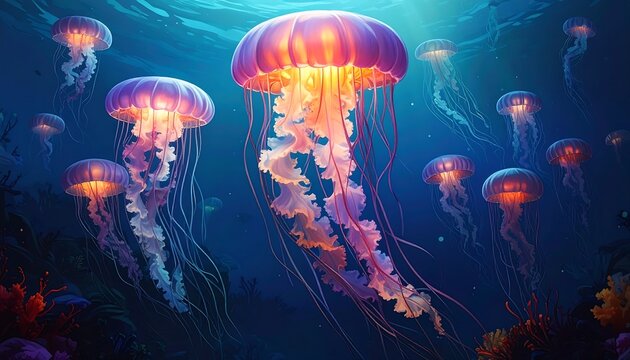 A vibrant underwater scene depicts glowing jellyfish gracefully floating in the deep blue ocean, surrounded by coral and aquatic life