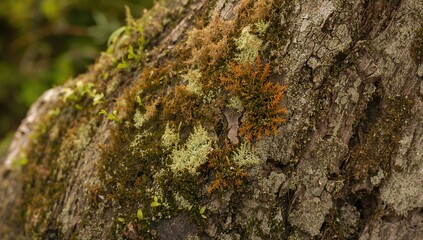 Lichens and moss covering tree bark, indicating ecological diversity