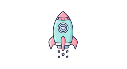 Cute Cartoon Rocket Ship with Heart and Stars.