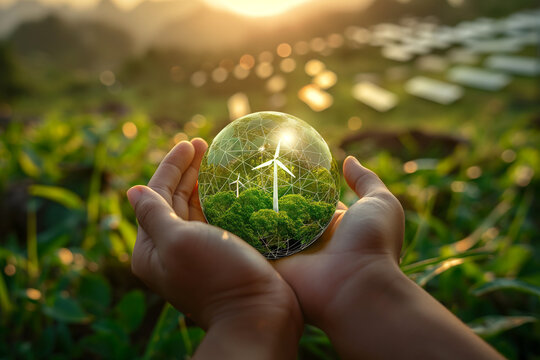 Hands holding a small globe covered with greenery and solar panels, symbolizing environmental sustainability and global care in 2027. Clean natural light and realistic tones.
