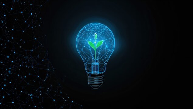 A green plant encased in a blue glowing lightbulb, showcasing a low poly design with geometric patterns and wireframe light structure