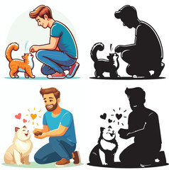 Set of vectors and images of cute male and cat shilhouttes on a white background