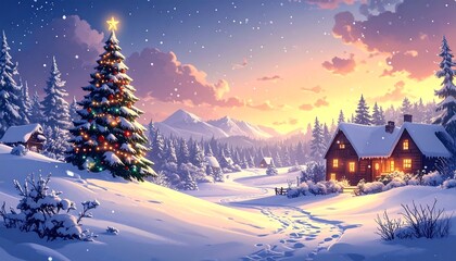 Fototapeta premium Snowy winter landscape with decorated Christmas tree, cabin, mountains, and bright, sunny sky creating a peaceful mood