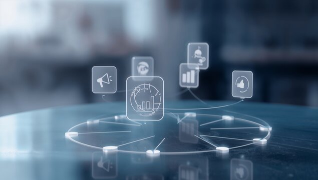 Interconnected Business Technology Icons in Digital Interface