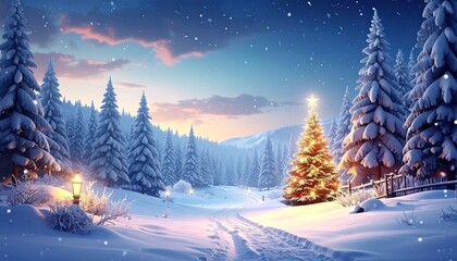Snowy winter scene with a lit Christmas tree, path, snow-covered trees, and a lantern under a blue cloudy sky