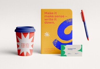 Stationery Branding Mockup Set &ndash; Notebook, Coffee Cup, Business Card & Pen Presentation Template