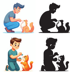 Set of vectors and images of cute male and cat shilhouttes on a white background