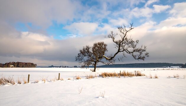 Snow-covered field with bare trees against a cloudy sky, suggesting a winter landscape - Powered by Adobe