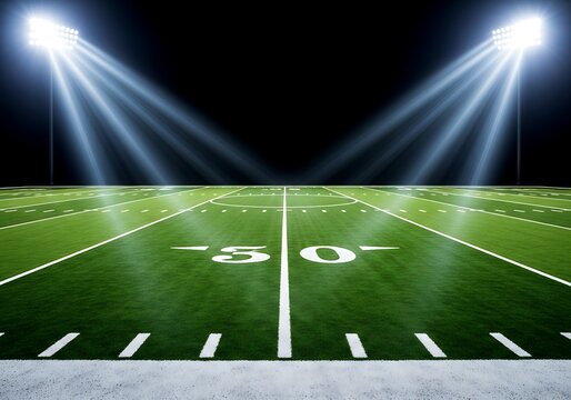 An empty american football field is illuminated by bright stadium lights, creating a dramatic scene ready for a game under the night sky - Powered by Adobe
