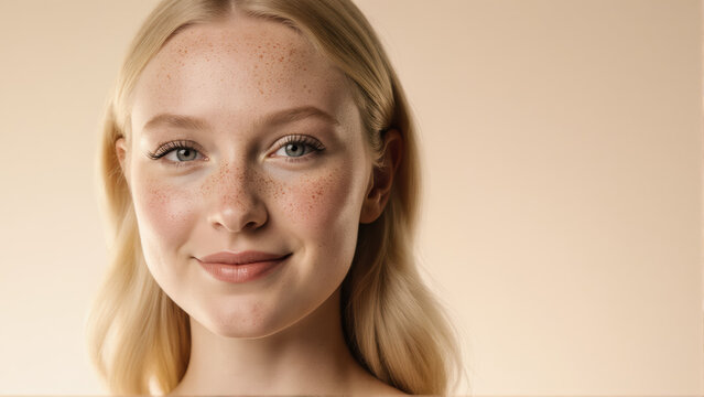 A beauty portrait of a young blonde woman with a calm, approachable expression. Her soft natural smile and flawless skin are the focus.