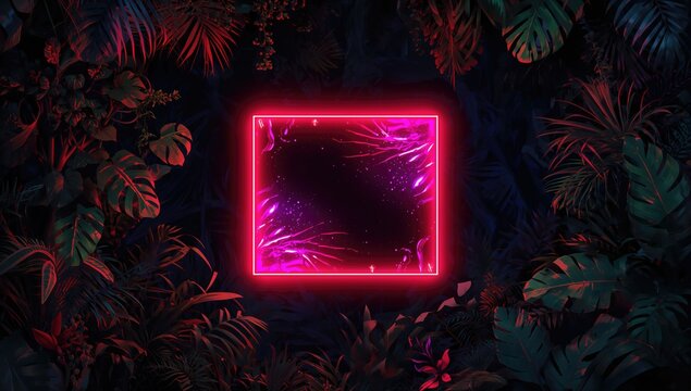 Neon portal shining amidst lush tropical foliage, inviting exploration, seasonal change