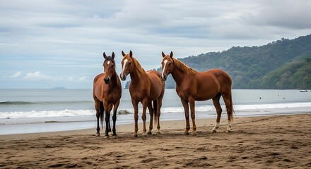 Three beautiful brown horses standing on a sandy beach near the ocean.