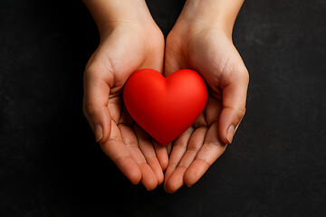 Fototapeta premium Hands holding a red heart symbol against a dark background