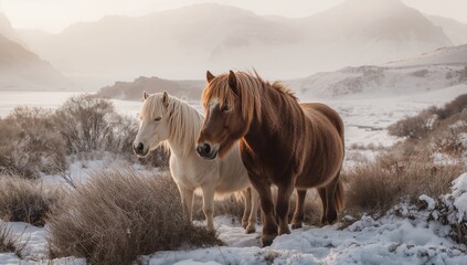 Icelandic horses amid a snowy landscape, showcasing seasonal change