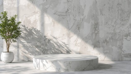 Shadows of foliage cast by bright sunlight on a stone concrete platform, showcasing a minimalist step mockup with natural light effects.