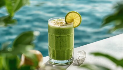 A glass containing a vibrant green smoothie, rich in nutrients,
