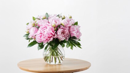 Vibrant peony arrangement in a vase on a table, ideal for editorial header background