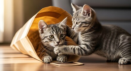 Two adorable tabby kittens playing together with a paper bag on a wooden floor.