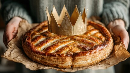 Woman Holding Golden Galette des Rois with Shining Crown for Elegant French Epiphany Celebration
