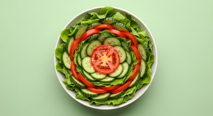 Beautifully arranged fresh vegetable salad with lettuce cucumber and tomato in a white oval dish