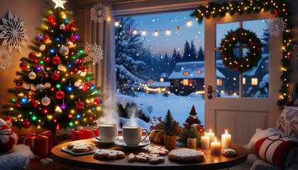 A festive scene filled with warmth and Christmas cheer is ideal for decorating winter content. This atmospheric image conveys the coziness of New Year's celebrations and the hearth.