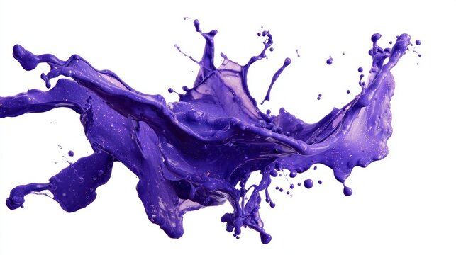 Vibrant purple paint splash isolated on white background, dynamic liquid art capturing motion and fluid energy for creative design, artistic projects, and colorful abstract visuals