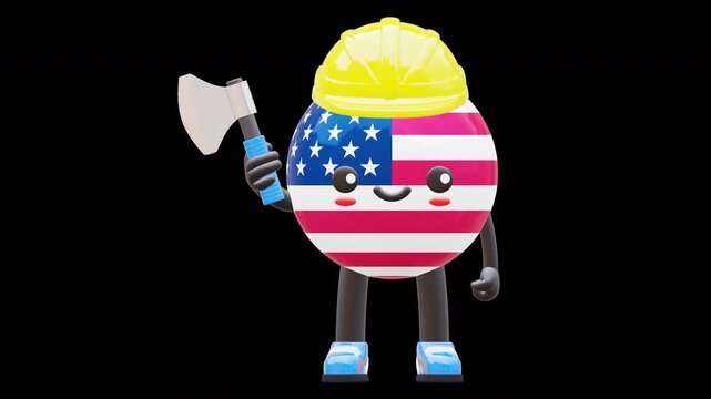 Cute 3D USA flag mascot wearing helmet and holding axe symbolizing construction, woodwork, and labor work.
