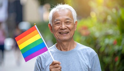 Smiling senior holds a rainbow flag in park. Light glows behind the foliage. Blurry figures are walking by
