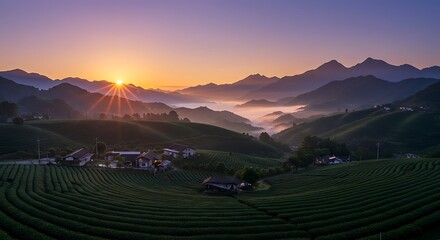 Sunrise Over Tea Plantations and Misty Mountains in Chiang Rai, Thailand.
