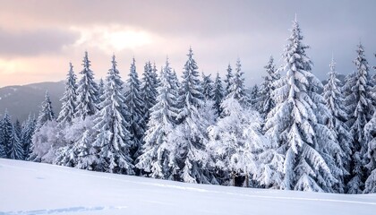 Fototapeta premium Snow-covered pine trees under a cloudy sky, creating a serene winter landscape