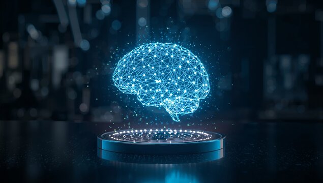 Futuristic glowing brain on display for artificial intelligence concept, neuroscience innovation, mental health solutions, and technology breakthroughs