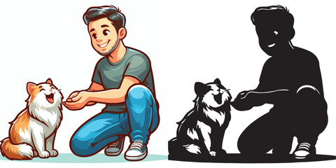 Set of vectors and images of cute male and cat shilhouttes on a white background